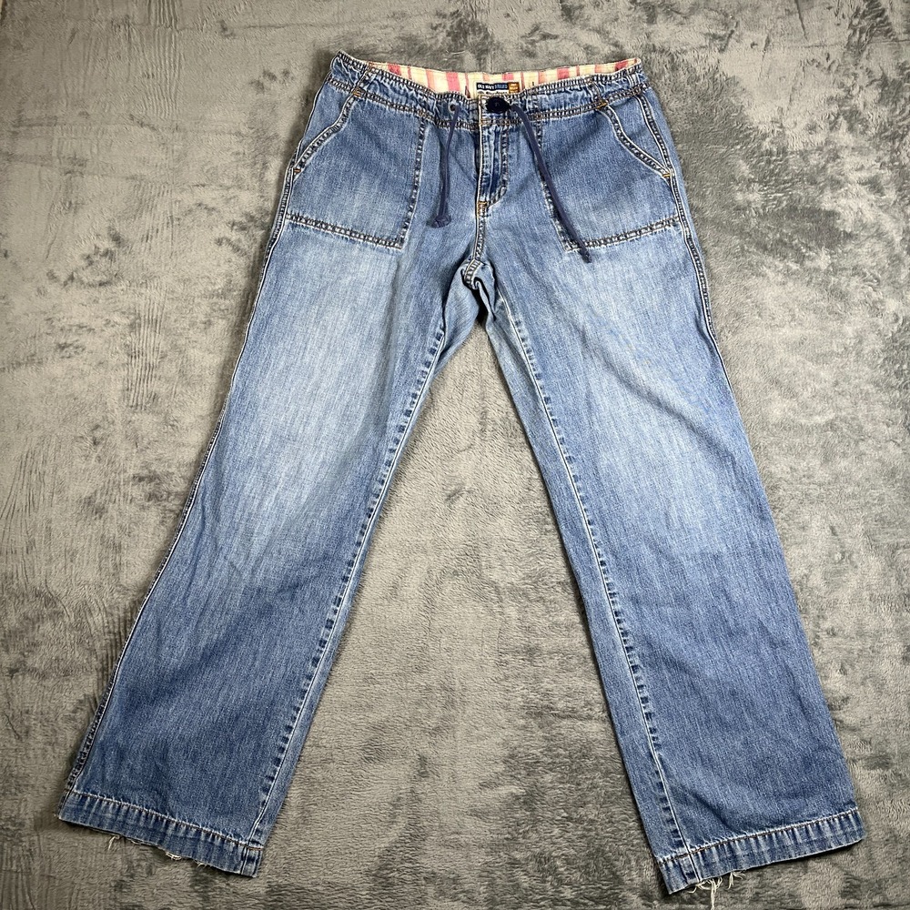 Vintage Old Navy Straight Jeans Womens 10 Blue Denim Low Waist Drawstring 90s